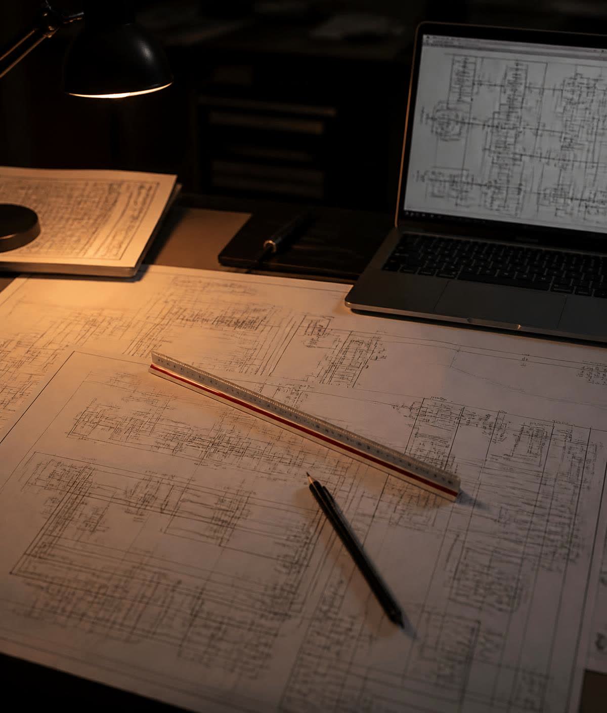 Electrical schematics and control system drawings laid out on an engineer's desk