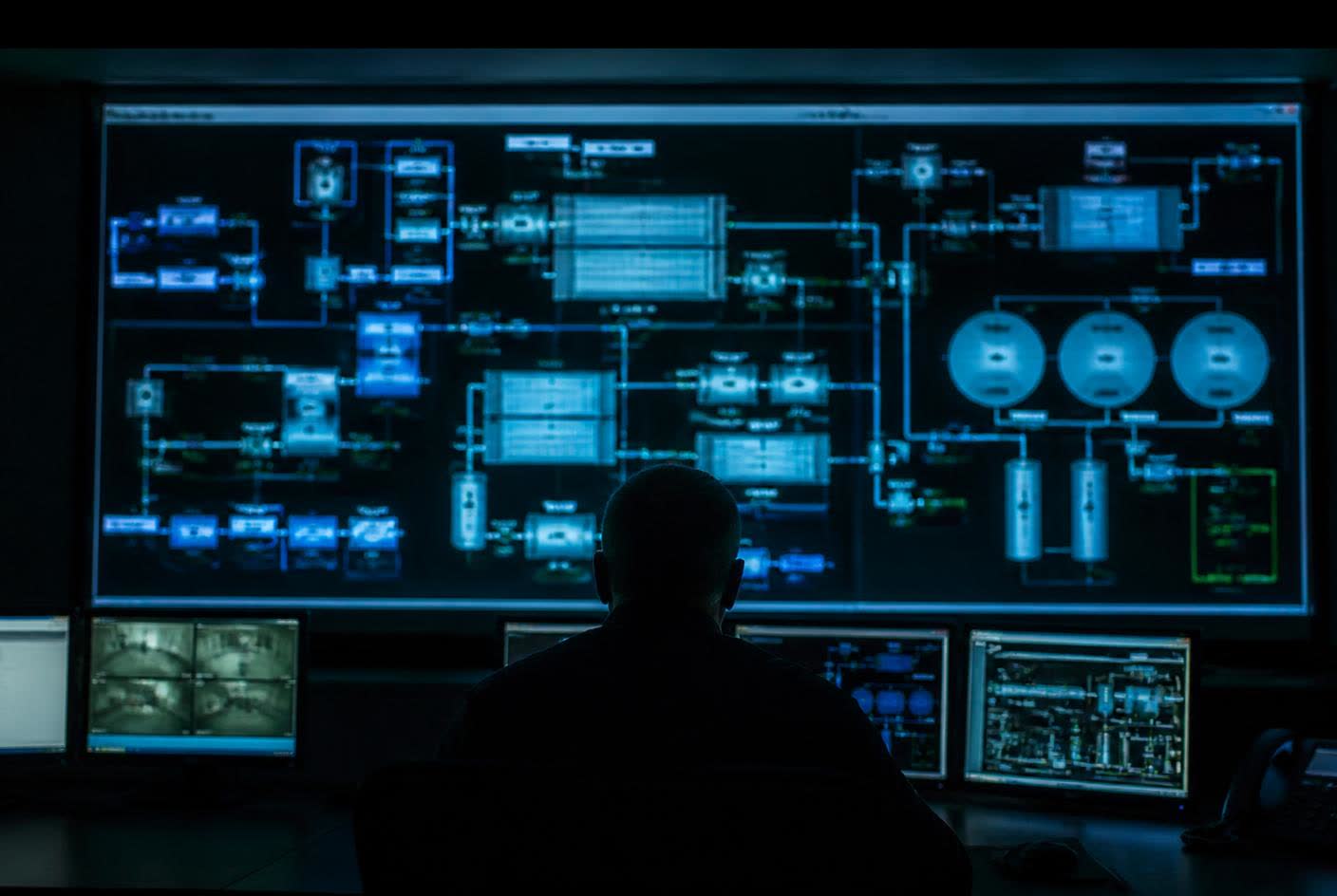 Operator at a SCADA workstation showing a water treatment process mimic diagram