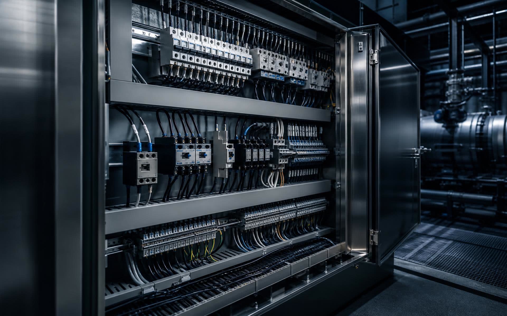 Interior of a wired motor control centre cubicle showing breakers, contactors and terminal rails