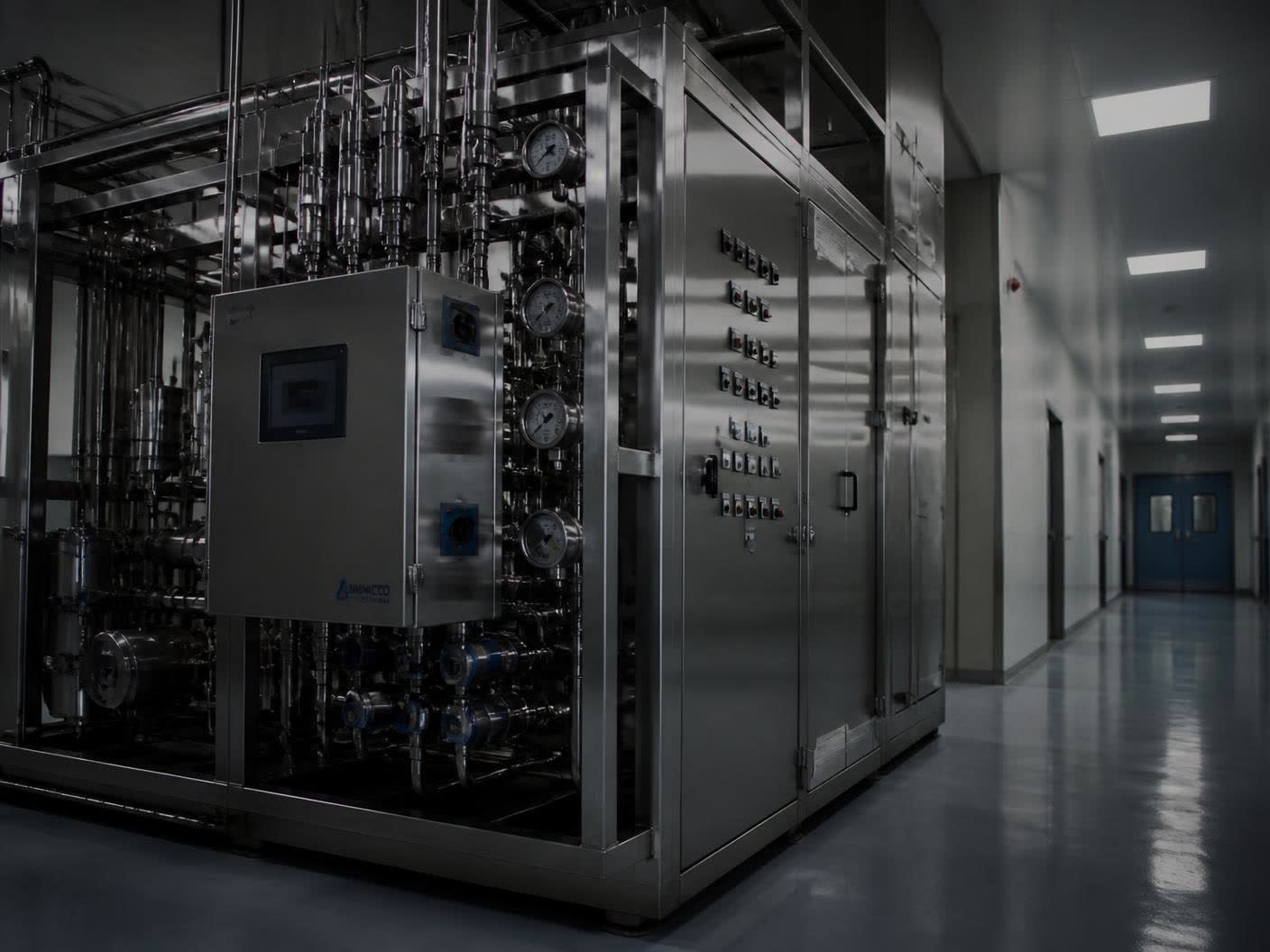 Stainless steel process skids with instrumentation and control panels in a clean pharmaceutical facility