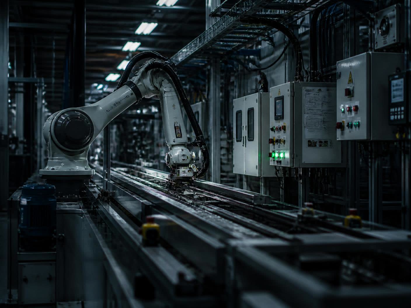 A robotic production line with control panels and cable containment in a manufacturing plant