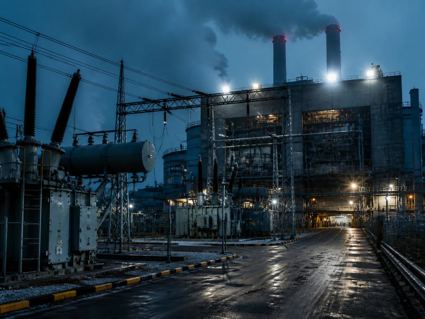 A power generation plant and switchyard at dusk with transformers and busbars in the foreground